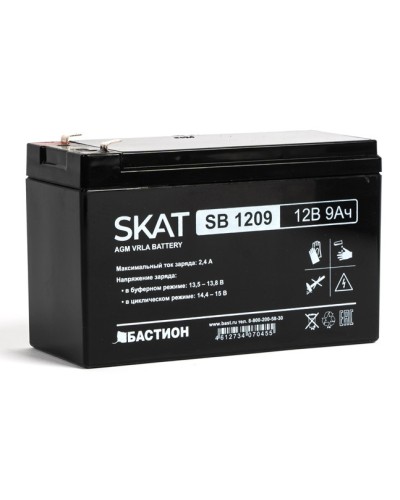 Бастион SKAT SB 1209 АКБ свинцово-кислотная тип AGM 12V 9Ач Iзар. 2,7 А, ножевые клеммы в Оренбурге Электротехническое оборудование Pintop.ru