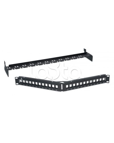 Патч-панель угловая модульная 19, 1U, 24 порта RJ-45, для неэкранированных модулей, с задним кабельным организатором (без модулей) Cabeus PLB-24-CON в Оренбурге Патч панель Pintop.ru