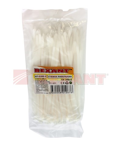 Хомут-стяжка нейлоновый 5х200 мм белый (100шт/уп) REXANT 07-0200-5 в Оренбурге Стяжки-хомуты Pintop.ru