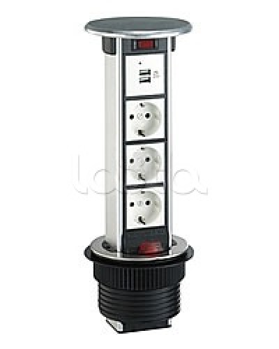 Блок розеточный встраеваемый в стол, 4 поста (45х45) IP54, с выключателем нагрузки (алюм+латунь) Экопласт 70344 в Оренбурге Блоки розеток Pintop.ru